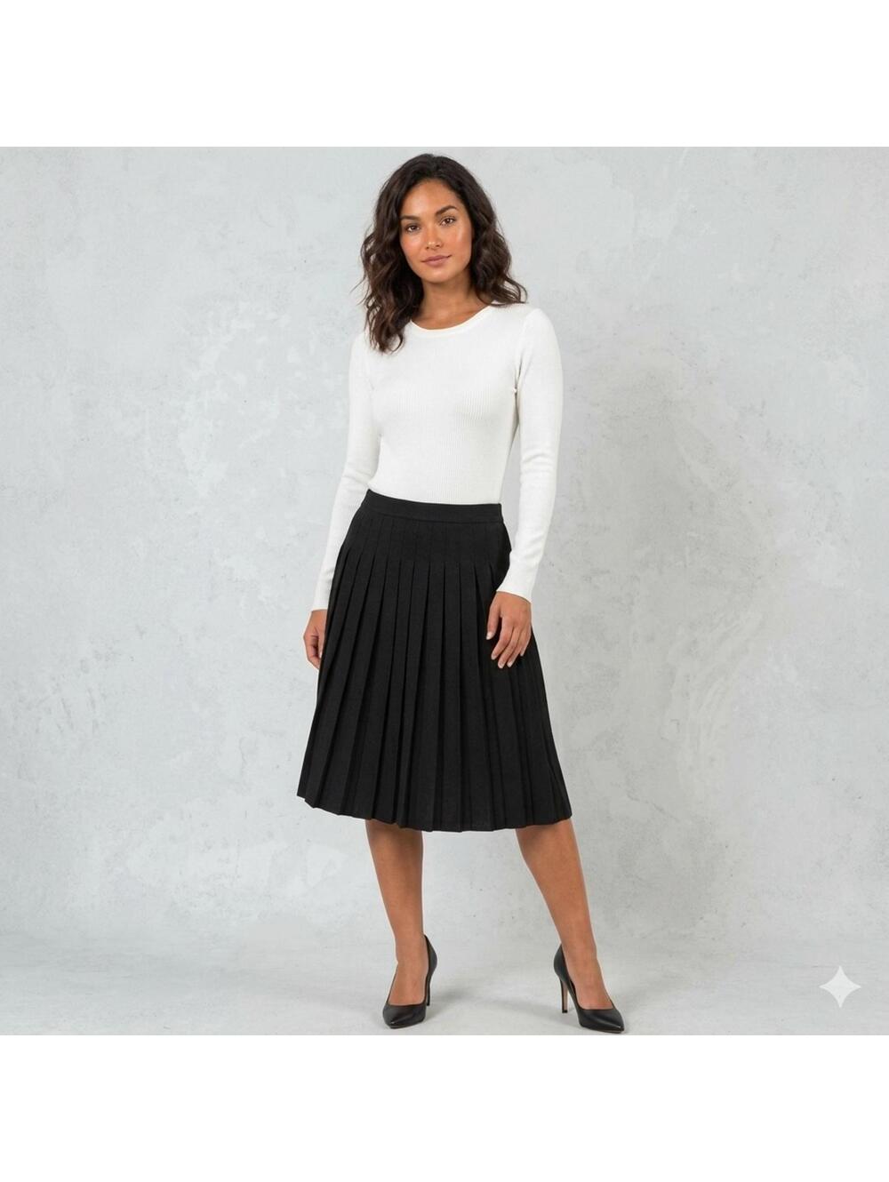 ALEEZA PARIS Charlotte Skirt M Medium Black Pleated Midi Bubble Hem A-Line Knit